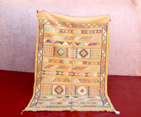 Handwoven Cactus Silk Moroccan 3x5 Yellow Berber Kilim Rug, Vibrant Flat Weave Rug