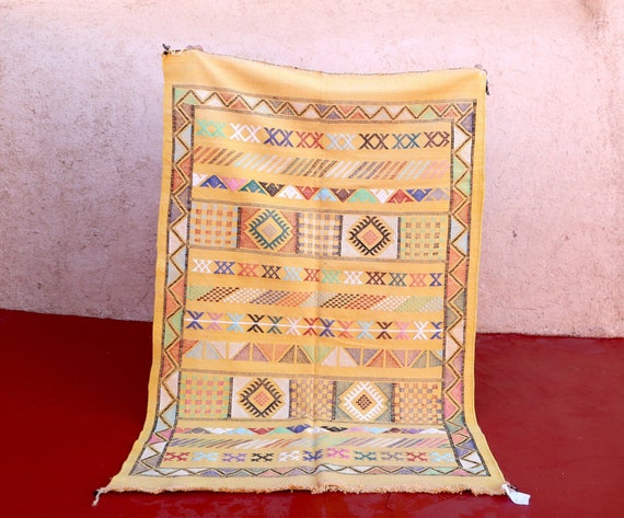 AUTHENTIC YELLOW MOROCCAN rug - flat weave rug, cactus silk rug, handmade rug, yellow gift from home, bedroom rug, kilim rug