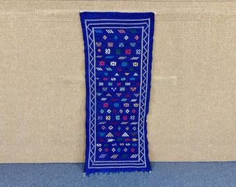 Blue Flat Weave Runner Rug 3x6 ft– Handmade Moroccan Wool Rug – Boho Hallway or Entryway Decor – Artisan Berber Wool Rug - Free Shipping