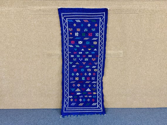 Blue Flat Weave Runner Rug 3x6 ft– Handmade Moroccan Wool Rug – Boho Hallway or Entryway Decor – Artisan Berber Wool Rug - Free Shipping