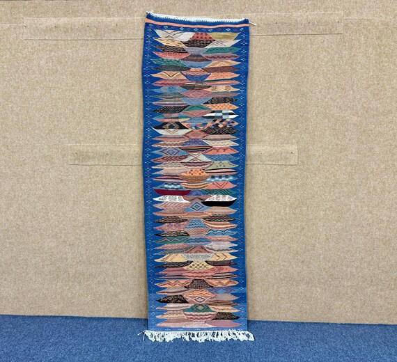 Moroccan Picasso Runner Rug  2x7 ft – Handmade Abstract Berber Wool Rug – Long Flatweave Hallway Runner  – Authentic Moroccan Wool Rug