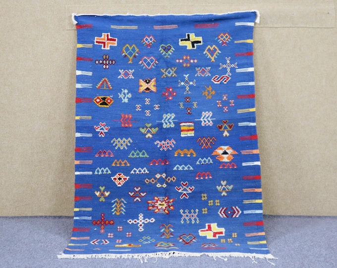 Unique Moroccan Akhnif Rug 3x5 - Blue Berber Rug - Handwoven Akhnif Rug - Natural Wool Area Rug - Moroccan Flat Weave Rug - Tribal Boho Rug