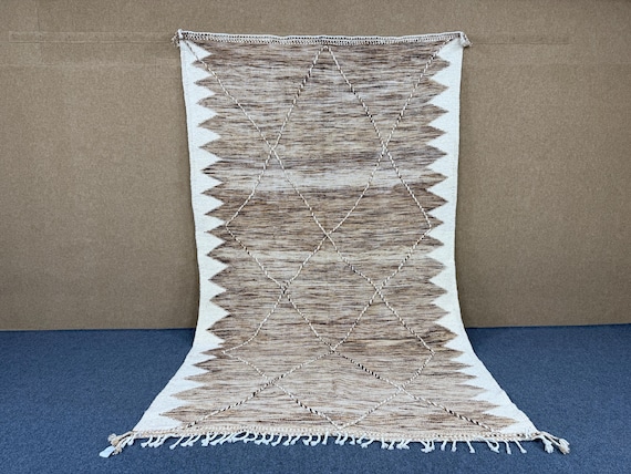 Neutral Moroccan Rug – 6x11 ft Beige Wool Area Carpet | Handmade Berber Rug for Boho Living Room l  Large Handmade Wool Carpet