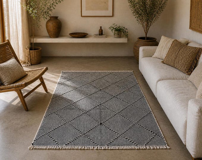 Berber Moroccan zanafi rug 3,5  x 5,5 ft– Black & White Moroccan Flatweave