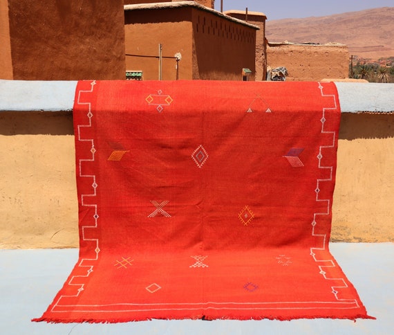 Stunning Red Cactus Silk Rug 6x9, Handwoven Berber Moroccan Sabra Kilim, Agave Fiber  Rug