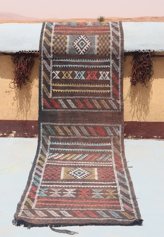 MINIMALIST RUNNER RUG - flatweave rug runner, moroccan berber runner, boho kilim runner, brown runner rug