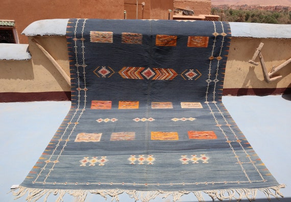 Amazing Blue berber 8x14 rug, flat weave rug, blue moroccan rug, colorful akhnif rug, large berber rug,