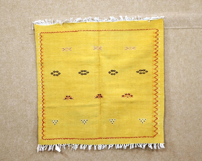 Vibrant Square Moroccan Rug 3x3 - Handwoven Akhnif Rug - Yellow Flat Weave Rug - Small Berber Rug - Wool Area Rug - Tribal Boho Rug