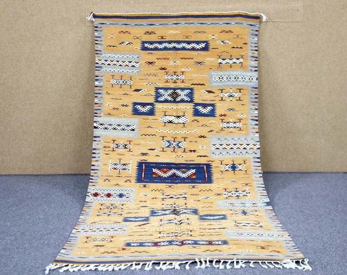 Authentic Moroccan Akhnif Rug 3x7 - Handwoven Berber Rug - Flat Weave Rug For Living Room - Natural Wool Area Rug - Tribal Boho Rug