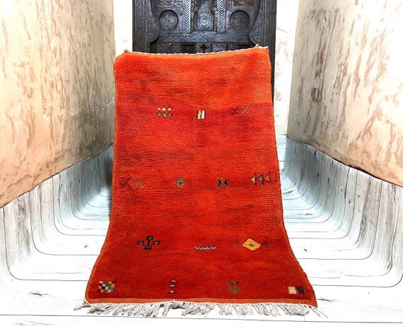 Handknotted Wool Minimalist Orange Area Rug - 3x5 ft - Beni Rug - Berber Moroccan Decor - Beni ourain rug - FREE SHIPPING
