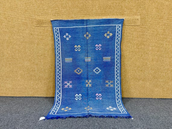 Moroccan Berber Blue Cactus Silk Rug 3x5 – Flatweave Natural Wool Silk Blend – Lightweight Boho Area rug | Free Shipping