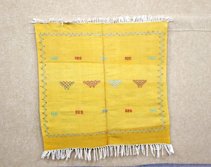 Authentic Yellow Moroccan Rug 3x3 - Akhnif Berber Rug - Square Flat Weave Rug - Natural Wool Area Rug - Handwoven Boho Rug