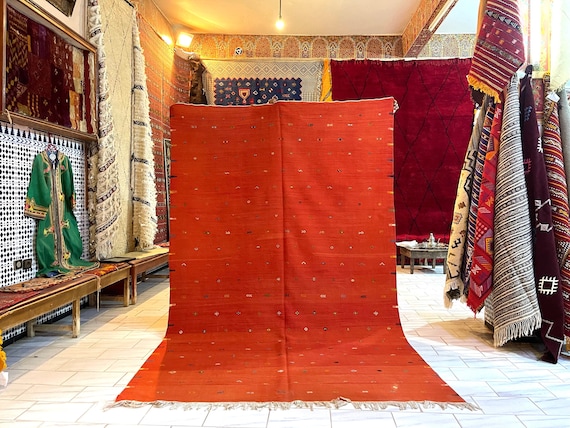 Beautiful orange rug 6x10 feet - Berber rug - Akhnif rug - flat weave rug - Orange Kilim rug - handmade wool rug - 10.2 x6.3 Feet