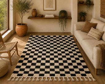 Berber Checkered  3x5 Rug Thick Wool Moroccan Rug – Handwoven Beni Ourain Carpet - Soft Wool Rug For Bedroom– Cozy Berber Style