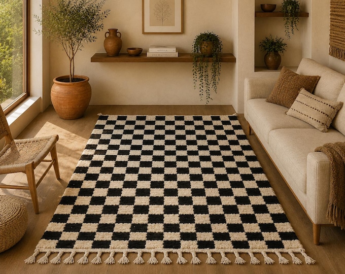 Berber Checkered  3x5 Rug Thick Wool Moroccan Rug – Handwoven Beni Ourain Carpet - Soft Wool Rug For Bedroom– Cozy Berber Style
