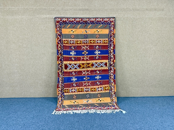 Boho Moroccan Glaoui Rug 4x8 ft– Flatweave & Knotted Pile Carpet - Vintage Moroccan Glaoui Rug – Tribal Berber Rug – Atlas Mountains Wool