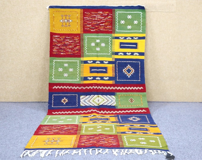 Authentic Moroccan Akhnif Rug 3x7 - Berber Rug For Living Room - Flat weave Tribal Boho Rug - Natural Wool Area Rug