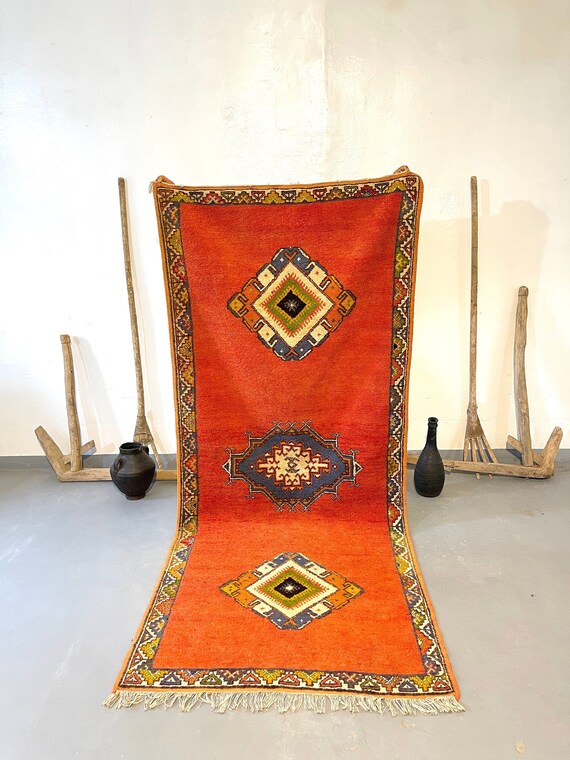 Stunning Moroccan Runner - 3 x 8 Feet - Orange Berber Moroccan Rug - Taznakht rug - Orange Hallway Runner