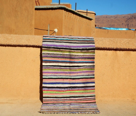 Colorful Boucherouite Area Rug 4x7, Berber runner rug, Morrocan rug, Flatwoven kilim rug, teppich boho rug