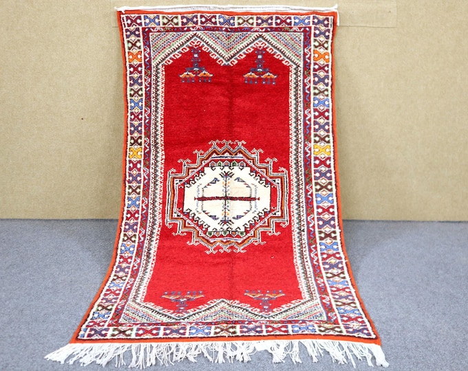 Unique Moroccan Taznakht Rug 3x6 - Red Handwoven Rug - Natural Wool Area Rug - Berber Rug For Living Room
