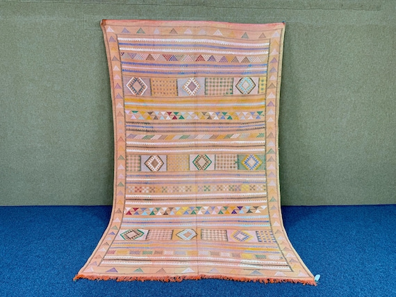 Large Cactus Silk Rug 6x9 - Peach Moroccan Rug - Artisan Flatweave Rug - Soft Peach Boho Area Rug