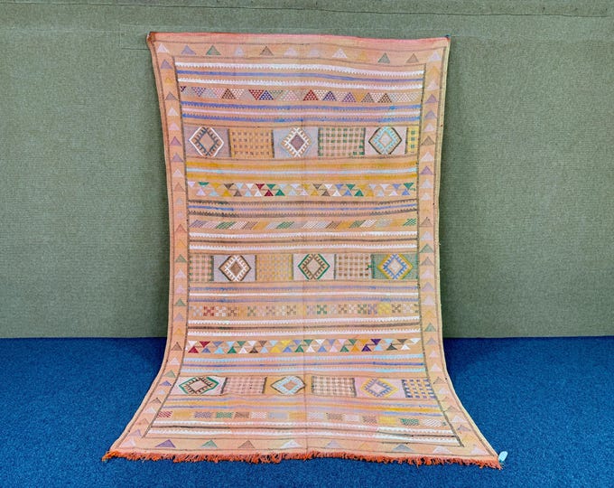 Large Cactus Silk Rug 6x9 - Peach Moroccan Rug - Artisan Flatweave Rug - Soft Peach Boho Area Rug