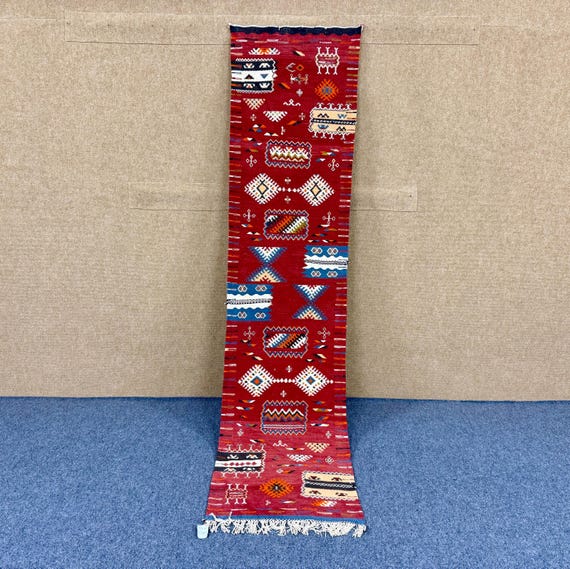 Berber Akhnif Red Runner 2 × 9 ft – Handmade Moroccan Wool Rug – Tribal Hallway Runner – Flatweave Boho Decor – Free Shipping