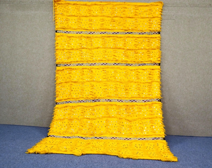Yellow Moroccan Rug 5x9 - Handwoven Berber Rug - Large Tribal Boho Rug For Living Room - Unique Flatweave Rug