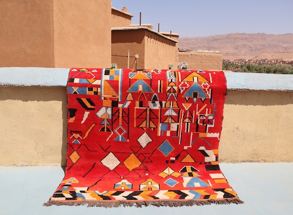 Vintage red Moroccan rug 9.9 x 6.6 Feet - Hand Knotted rug - Boujad rug - Beni rug - Berber rug - Morrocan rug - Abstract rug - Living room