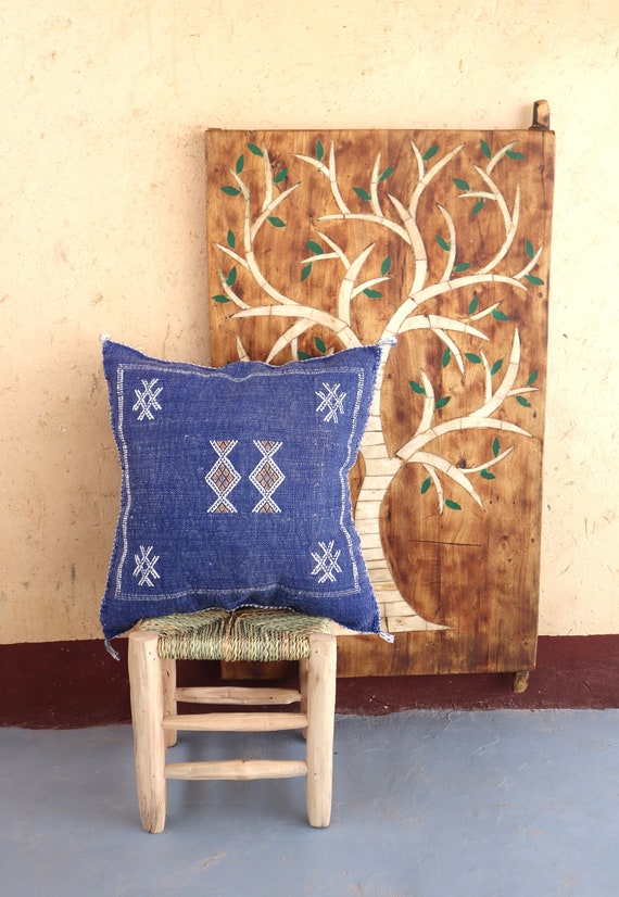 Elegant BLUE MOROCCAN CACTUS Silk Pillow Cover 18x18 - Handmade cover pillow, Home Decor