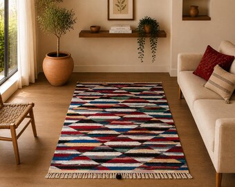 Akhnif Picasso Rug 4x8 ft – Moroccan Berber Flatweave Wool Carpet – Abstract Tribal Rug – Handmade Boho Decor  – Free Shipping