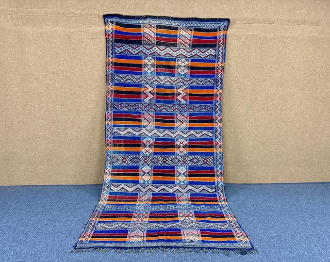 Vintage Moroccan Kilim Beni mguild 5x10 - Handmade Berber Rug - Flatweave Rug - Blue Striped Rug - Pure Wool Carpet - Free Shipping