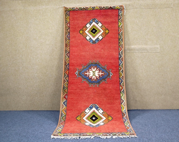 Authentic Moroccan Taznakht Rug 3x8 - Handwoven Berber Rug - Soft Plush Hallway Rug - Natural Wool Rug - Red Taznakht Rug