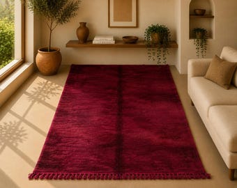 Moroccan Red Beni Mrirt Rug 6x8 ft – Soft Wool High Pile Carpet –Moroccan Living Room Rug– Hand-Knotted Berber Rug –Cozy Handmade Decor