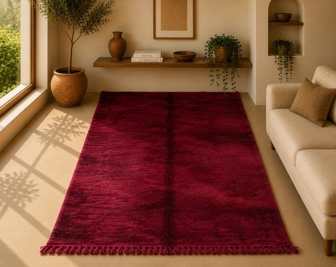 Moroccan Red Beni Mrirt Rug 6x8 ft – Soft Wool High Pile Carpet –Moroccan Living Room Rug– Hand-Knotted Berber Rug –Cozy Handmade Decor