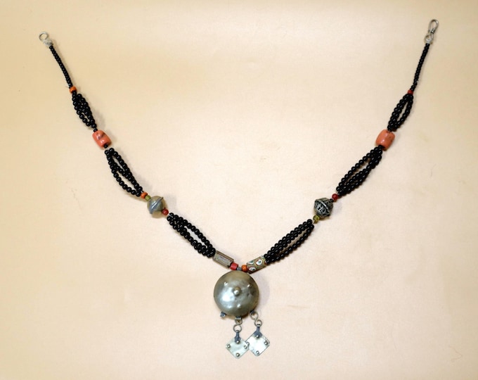Vintage Berber Necklace, Moroccan Silver Amulet Pendant, Tribal Coral Agate Bead Necklace, Ethnic Talisman necklaces