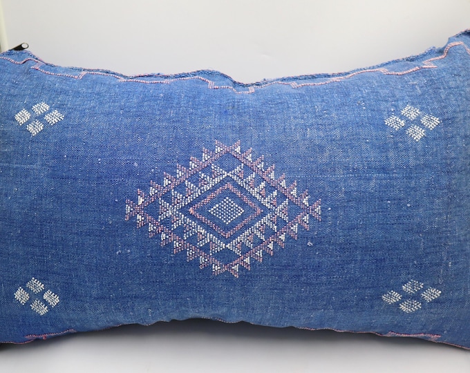 Blue Soft Pillow Cover-18x35 Handmade Cactus Silk Pillow-Moroccan Traditional Sabra Pillow-Silk Pillowcase