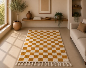 Azilal Checkered Rug 3x5 ft – Moroccan Handmade Wool Carpet –Soft Wool Azilal Rug  – Bohemian Living Room Decor