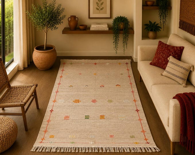 Boho Flatweave Rug – Moroccan Akhnif Wool Carpet 5x8 ft  – Rustic Tribal Home Style - Berber Akhnif Rug – Traditional carpet -Free Shipping