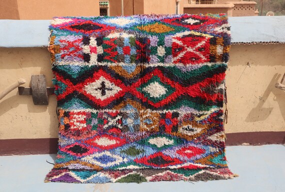Vintage Boucherouite rug, 5x6 Azilal rug, handcrafted wool rug, amazing colorful rug, flatweave Moroccan rug