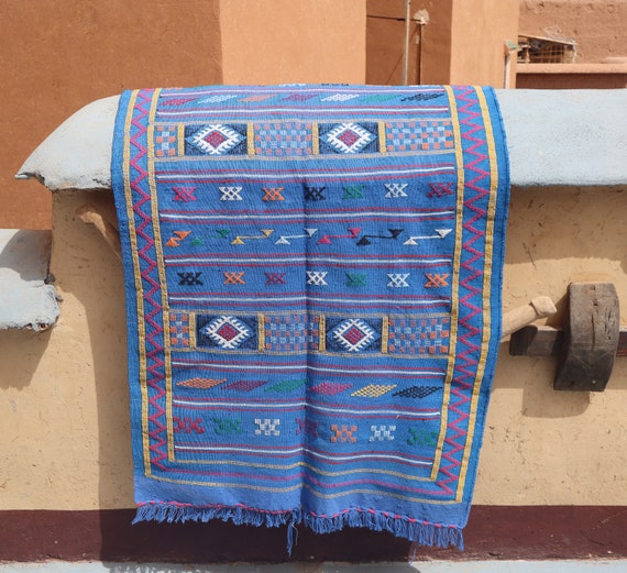 BLUE MOROCCAN RUG - 3x5 rug, cactus silk rug, sabra rug, kilim rug, boho rug, flat weave rug, berber rug