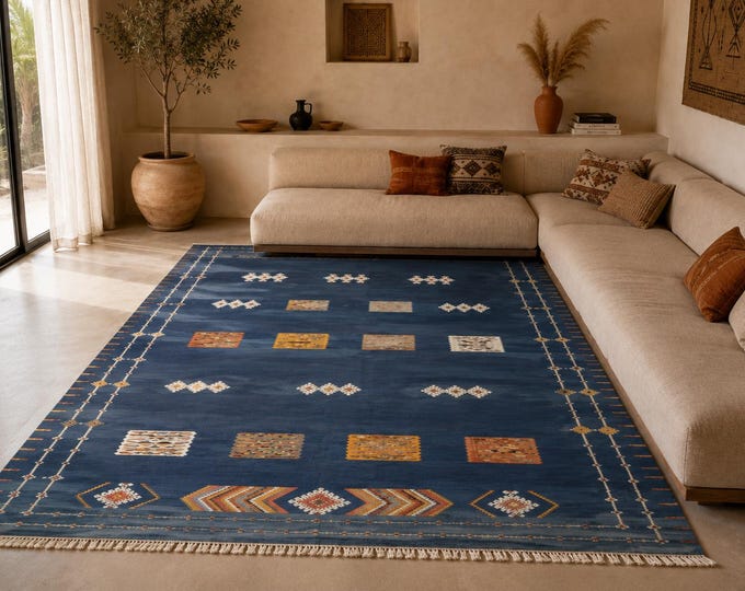 Authentic Moroccan Akhnif Rug 8x14 - Large Berber Rug - Handwoven Akhnif Rug - Flat Weave Rug For Living Room - Natural Wool Rug