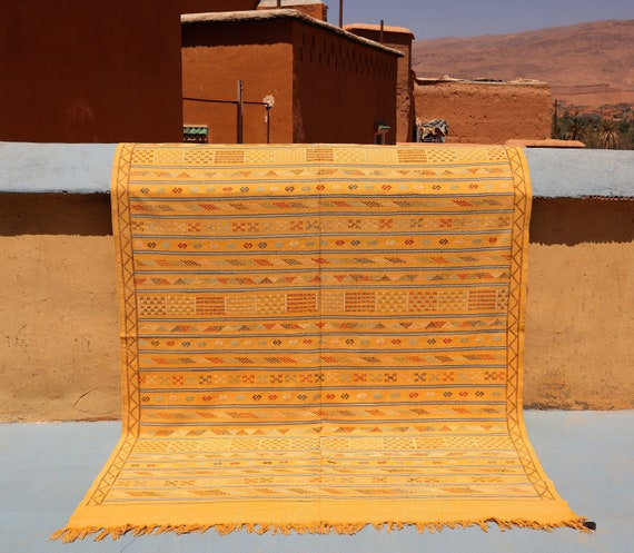 YELLOW MOROCCAN BERBER rug - cactus silk rug , sabra rug, flat weave rug, kilim rug, 6x9 rug, large living room rug
