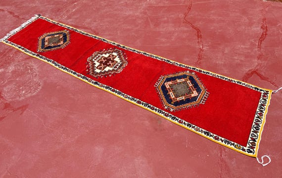 Amazing Wool Runner Carpet -Boho Hallway Decor-Moroccan Handmade Weaving Rug-Berber Runner Rug 11.8 x 2.6 Feet