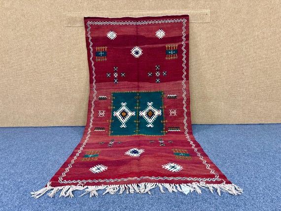 Moroccan Akhnif Rug 3x7 ft – Handwoven Wool Flatweave – Boho Berber Carpet – Natural Moroccan Rug – Lightweight Tribal Decor –Free Shipping