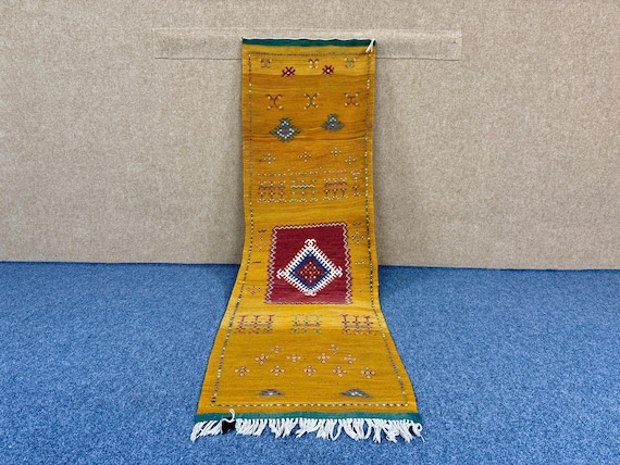 Yellow Moroccan Runner 2x7 ft– Long Wool Rug – Handwoven Berber Carpet – Wool Berber Carpet for Entry or Hall – Artisan Made - Home Decor