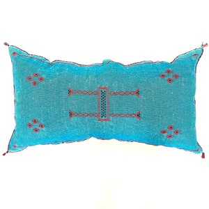 Pu&ograve; includere: Un cuscino blu turchese con motivi geometrici ricamati in rosso. Il cuscino ha frange su ogni estremit&agrave;.