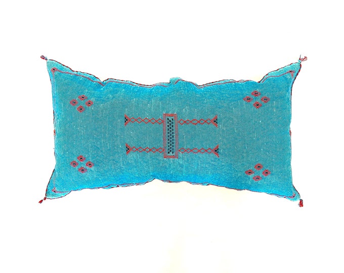 Berber cactus lumbar blue pillow handmade sabra pillow moroccan pillow 90x46 cm