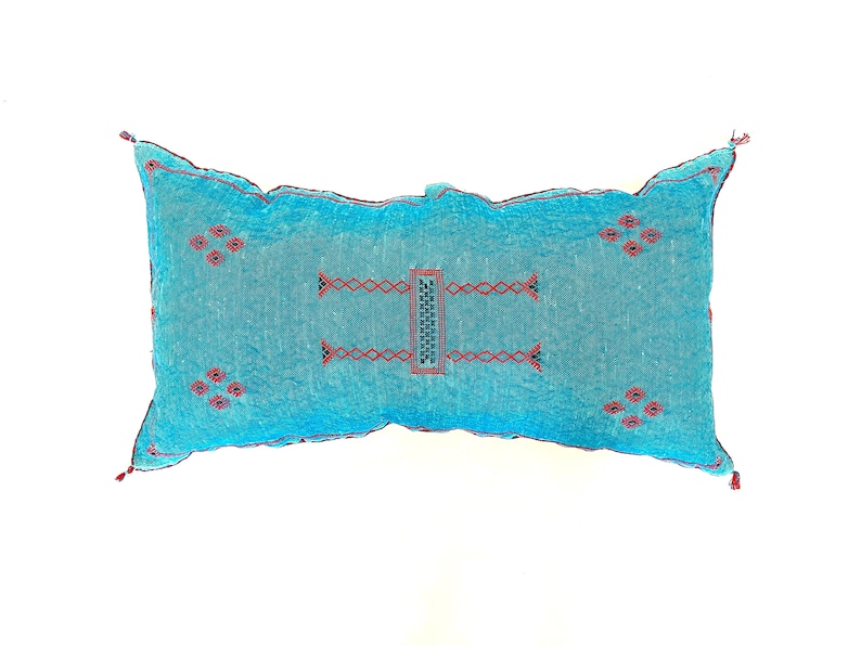 Pu&ograve; includere: Un cuscino blu turchese con motivi geometrici ricamati in rosso. Il cuscino ha frange su ogni estremit&agrave;.