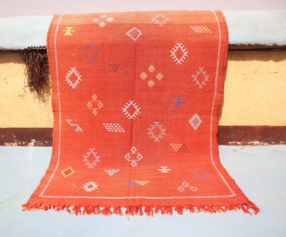 RED MOROCCAN RUG - cactus silk rug 3x5, red berber rug, handmade flatweave kilim rug, boho chic rug, kilim rug